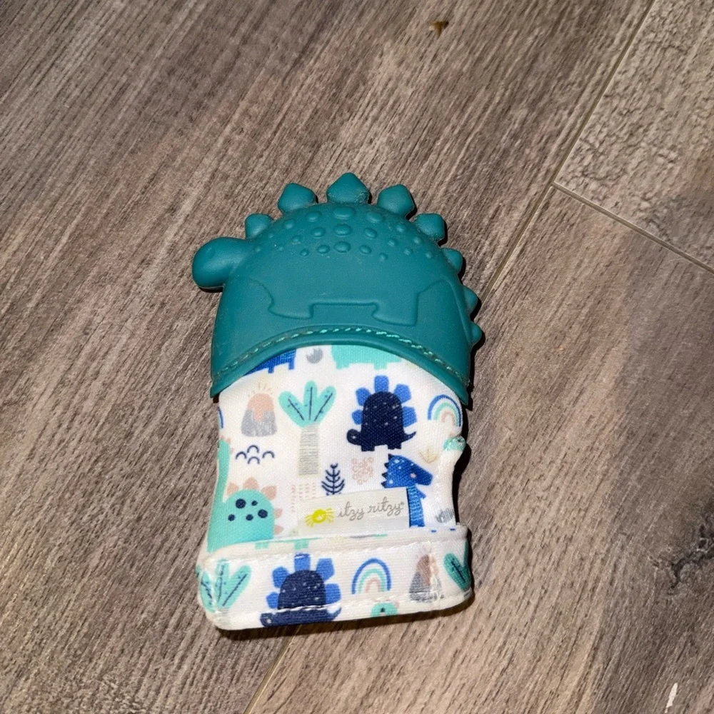 ❤️‍🔥FWP ~Itzy Ritzy Blue Teal Silicone Dinosaur Baby Teether Mitten by